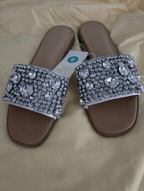 New Women's Nylah Rhinestone Slide Sandals - A New Day Silver Size 8